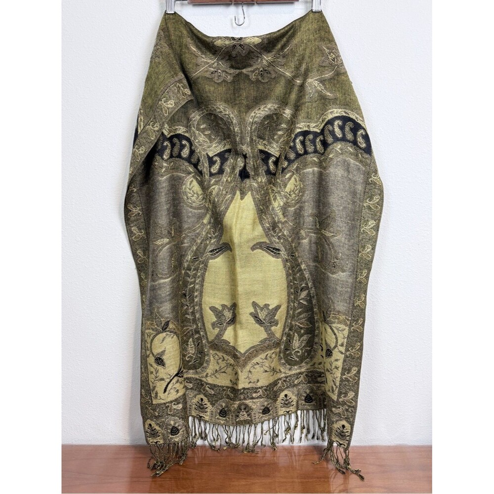 Sage Green & Black Paisley Fringe Silk Blend Pashmina Wrap Scarf 28x72”